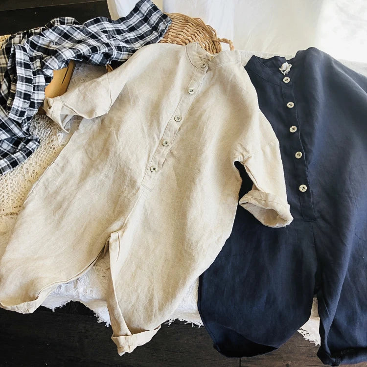 -キッズジャンプスーツ コットンリネン 長袖つなぎ シンプル ベーシック ネイビー アプリコット 2カラー【mh0003658】 - mamahalo shop - 長袖ジャンプスーツ -  べビー服 - 子供服 - 男の子 - 女の子