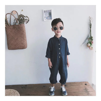 -キッズジャンプスーツ コットンリネン 長袖つなぎ シンプル ベーシック ネイビー アプリコット 2カラー【mh0003658】 - mamahalo shop - 長袖ジャンプスーツ -  べビー服 - 子供服 - 男の子 - 女の子