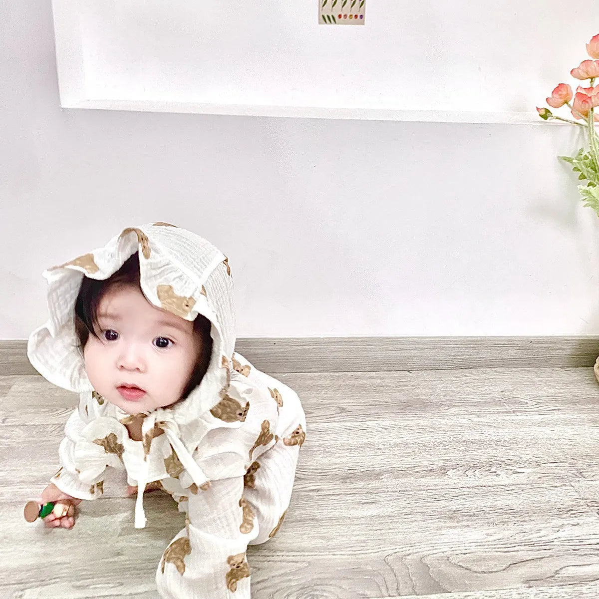 -ベビーロンパース 帽子セット 長袖ジャンプスーツ ベアくまプリント ベージュ【mh0006224】 - mamahalo shop - 長袖ロンパース -  べビー服 - 子供服 - 男の子 - 女の子