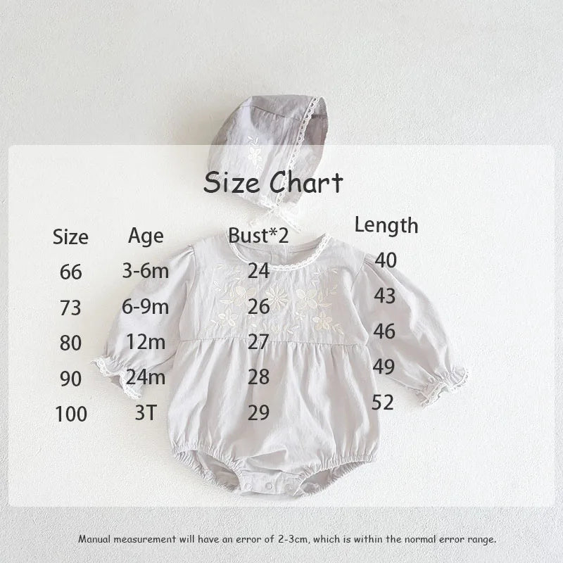 -ベビーロンパース ボンネットセット 長袖ボディスーツ フラワー花柄刺繍 帽子セット 2カラー【mh0006260】 - mamahalo shop - 長袖ロンパース -  べビー服 - 子供服 - 男の子 - 女の子