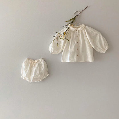 -ベビーセットアップ 2点セット 長袖パフスリーブブラウス ブルマパンツ レース刺繍 - mamahalo shop - 長袖セットアップ -  べビー服 - 子供服 - 男の子 - 女の子