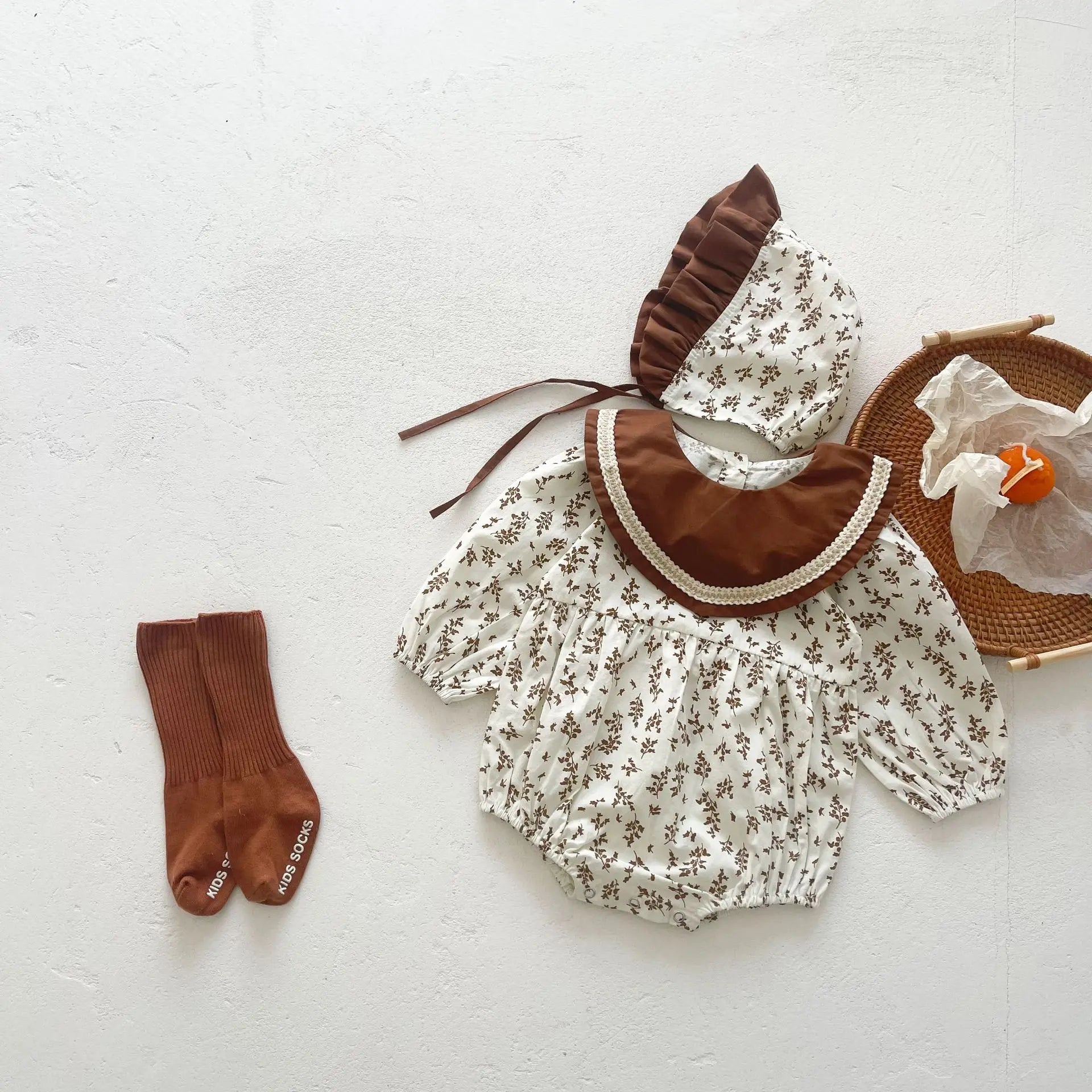 -ベビー フラワー 長袖 ロンパース ボンネット セット - mamahalo shop - 長袖ロンパース -  べビー服 - 子供服 - 男の子 - 女の子