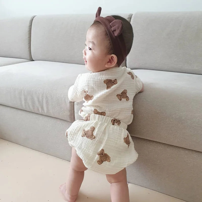 -ベビーセットアップ 2点セット 半袖シャツ+ブルマパンツ ベアくまプリント ベージュ【mh0000061】 - mamahalo shop - 半袖セットアップ -  べビー服 - 子供服 - 男の子 - 女の子