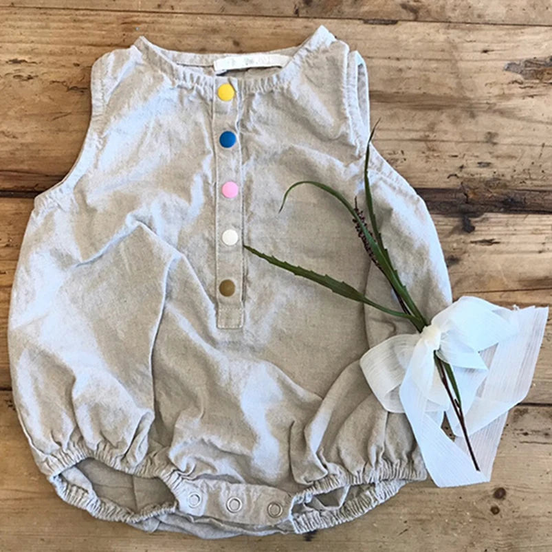 -☺︎ ベビーロンパース コットンリネン ノースリーブボディスーツ 2カラー - mamahalo shop - ノースリーブロンパース -  べビー服 - 子供服 - 男の子 - 女の子