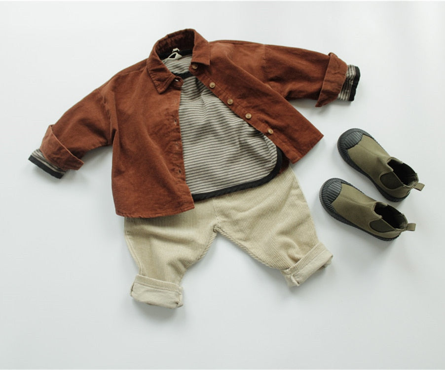 -キッズ コーデュロイ 長袖 ルーズ シャツ ベージュ ブラウン ボーイズ - mamahalo shop - 長袖シャツ・ブラウス -  べビー服 - 子供服 - 男の子 - 女の子