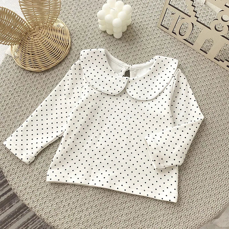 -ベビートップス 長袖丸襟ブラウス Tシャツ 水玉ドットプリント ホワイト【mh0006492】 - mamahalo shop - 長袖シャツ・ブラウス -  べビー服 - 子供服 - 男の子 - 女の子