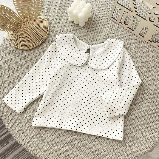 -ベビートップス 長袖丸襟ブラウス Tシャツ 水玉ドットプリント ホワイト【mh0006492】 - mamahalo shop - 長袖シャツ・ブラウス -  べビー服 - 子供服 - 男の子 - 女の子