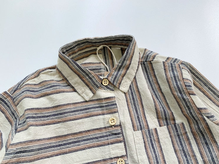 -キッズ パッチワーク ボーダー ストライプ 長袖 シャツ トップス - mamahalo shop - 長袖シャツ・ブラウス -  べビー服 - 子供服 - 男の子 - 女の子