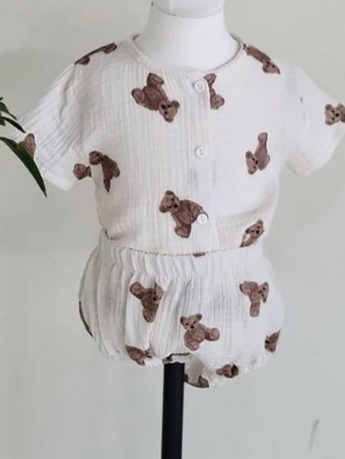 -ベビーセットアップ 2点セット 半袖シャツ+ブルマパンツ ベアくまプリント ベージュ【mh0000061】 - mamahalo shop - 半袖セットアップ -  べビー服 - 子供服 - 男の子 - 女の子