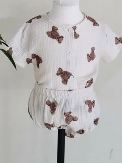 -ベビーセットアップ 2点セット 半袖シャツ+ブルマパンツ ベアくまプリント ベージュ【mh0000061】 - mamahalo shop - 半袖セットアップ -  べビー服 - 子供服 - 男の子 - 女の子