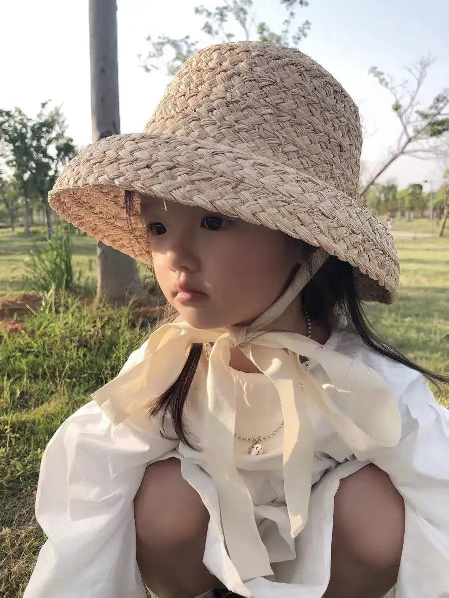 -キッズ つば織り 麦わら帽子 ビーチ サンハット ラフィア レトロ 帽子【mh0003466】 - mamahalo shop - ベビー用帽子 -  べビー服 - 子供服 - 男の子 - 女の子