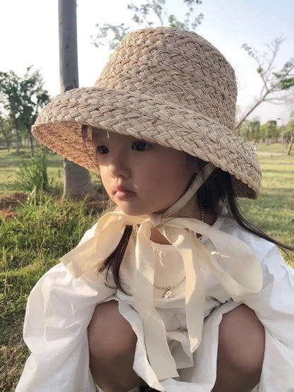 -キッズ つば織り 麦わら帽子 ビーチ サンハット ラフィア レトロ 帽子【mh0003466】 - mamahalo shop - ベビー用帽子 -  べビー服 - 子供服 - 男の子 - 女の子