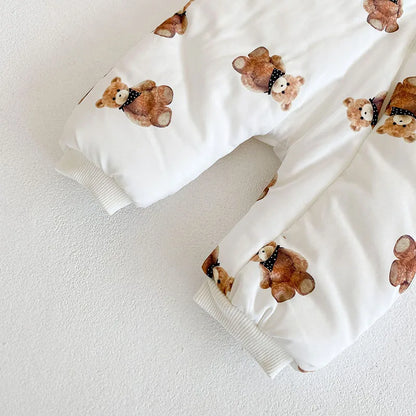 -ベビーアウタージャンプスーツ ベアくまプリント 耳付きフーディ長袖ロンパース 防寒 - mamahalo shop - アウタージャンプスーツ -  べビー服 - 子供服 - 男の子 - 女の子