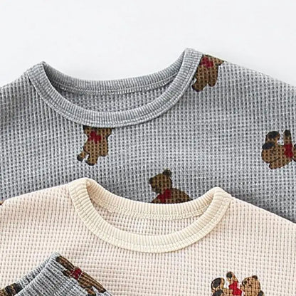 -ベビーパジャマセット ワッフル 長袖Tシャツ+ロングパンツ ベアくまプリント 3カラー - mamahalo shop - 長袖パジャマ -  べビー服 - 子供服 - 男の子 - 女の子