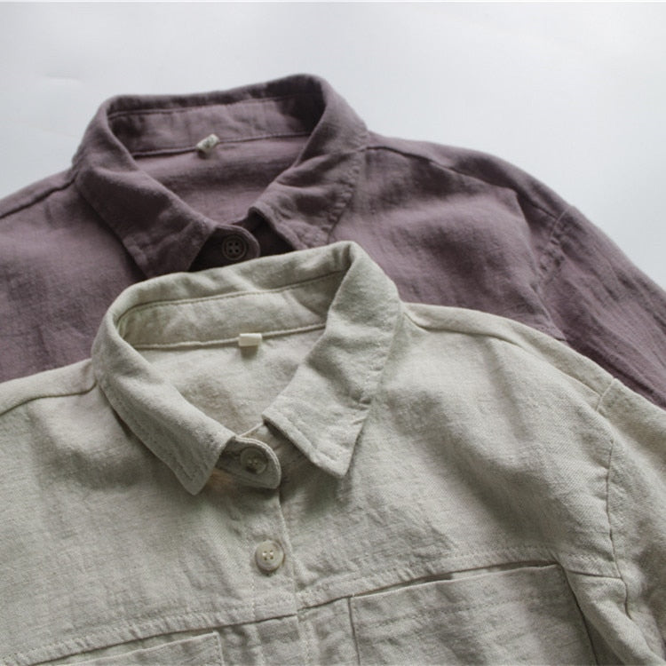 -キッズ服 長袖 シャツ トップス コットンリネン シンプル ベーシック 無地 ベージュ 紫 男の子 - mamahalo shop - 長袖シャツ・ブラウス -  べビー服 - 子供服 - 男の子 - 女の子