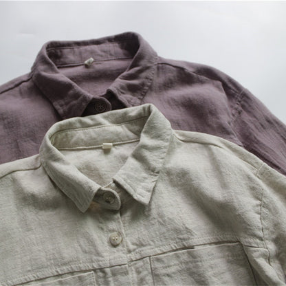 -キッズ服 長袖 シャツ トップス コットンリネン シンプル ベーシック 無地 ベージュ 紫 男の子 - mamahalo shop - 長袖シャツ・ブラウス -  べビー服 - 子供服 - 男の子 - 女の子