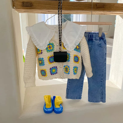 -キッズ ニット レトロ フラワー カーディガン【mh0000174】 - mamahalo shop - カーディガン・パーカー -  べビー服 - 子供服 - 男の子 - 女の子