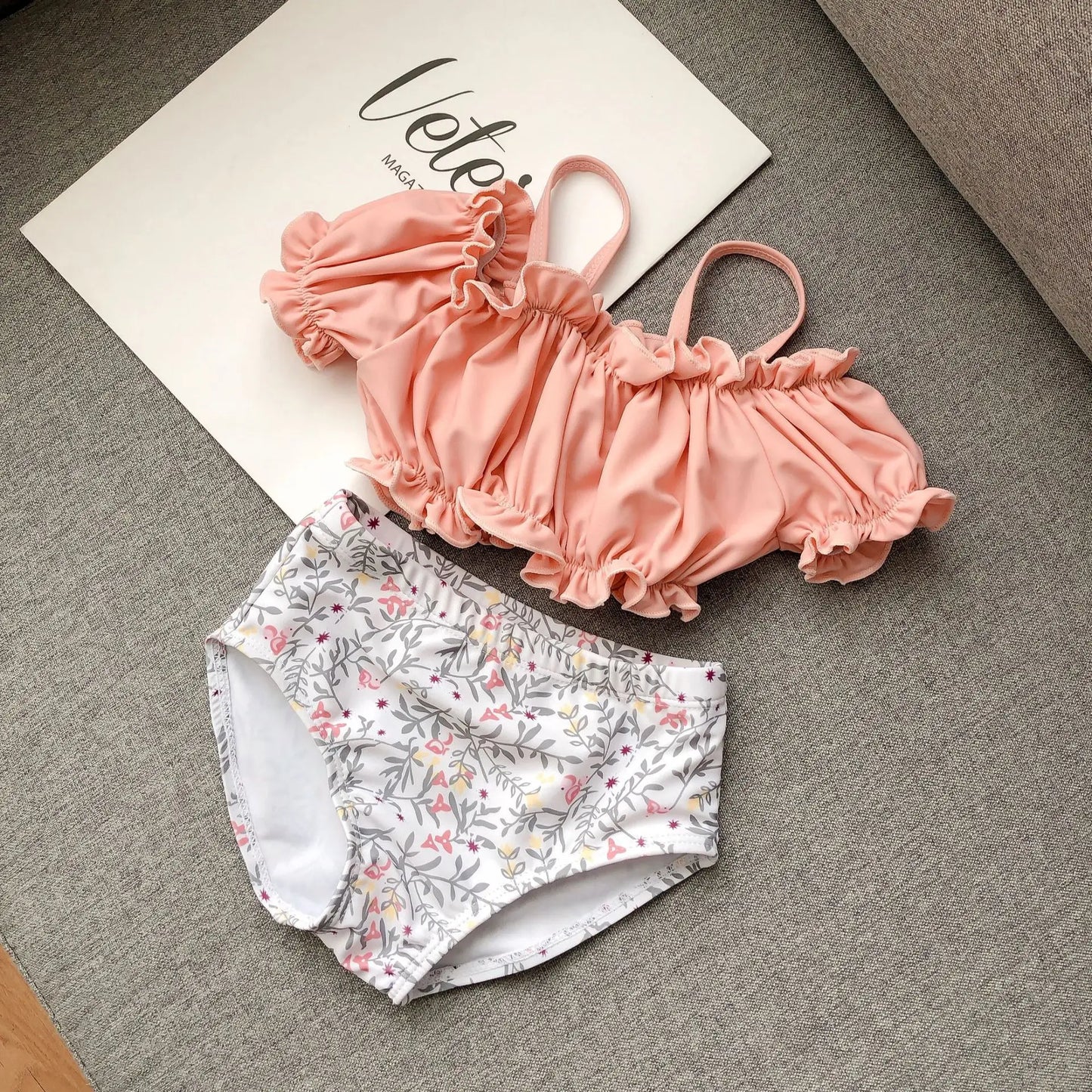 -キッズ水着 帽子セット セパレート ビキニ タンキニ オフショルダー レトロ 水玉ドット フラワー花柄 ガールズ スイムウェア【mh0005135】 - mamahalo shop - ベビー用水着 -  べビー服 - 子供服 - 男の子 - 女の子