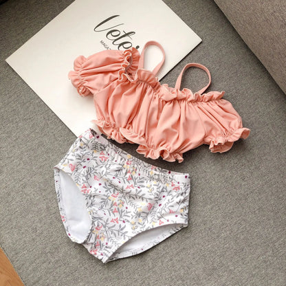 -キッズ水着 帽子セット セパレート ビキニ タンキニ オフショルダー レトロ 水玉ドット フラワー花柄 ガールズ スイムウェア【mh0005135】 - mamahalo shop - ベビー用水着 -  べビー服 - 子供服 - 男の子 - 女の子