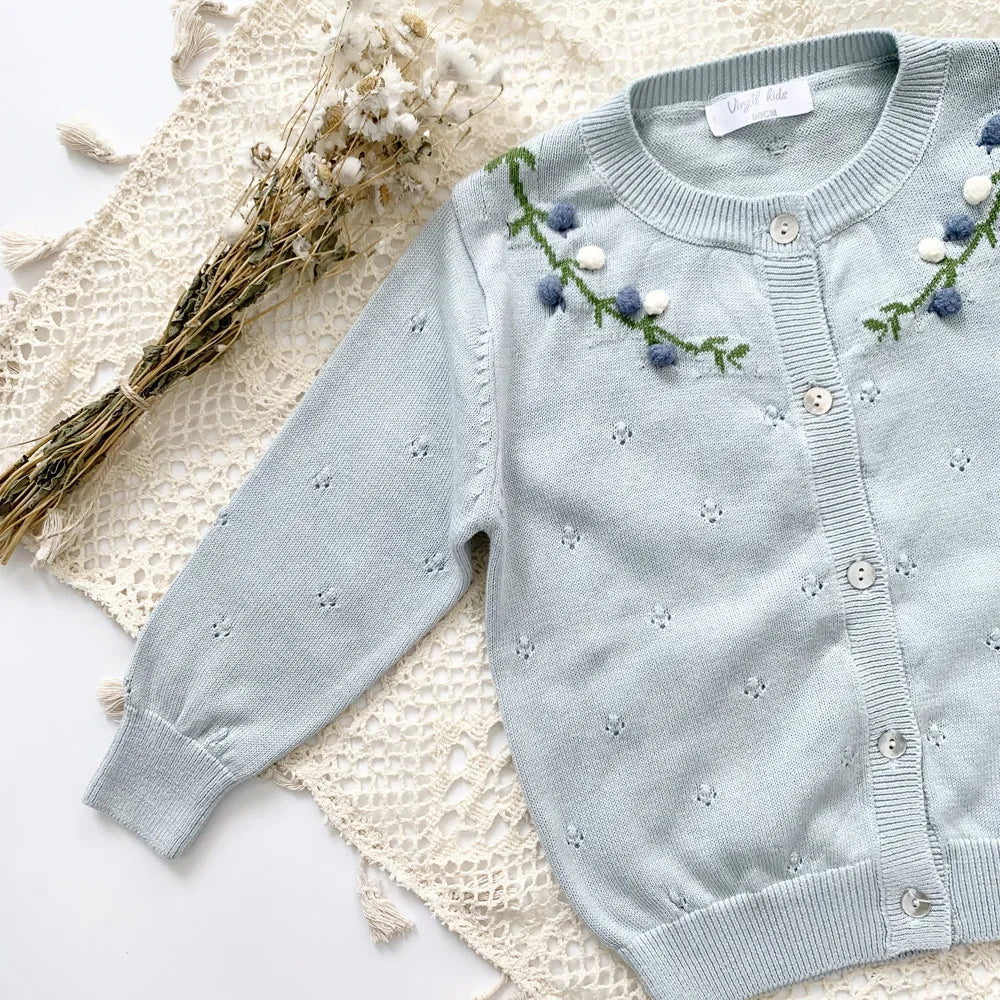 -キッズカーディガン ニットジャケット フラワー花柄刺繍 ピンク/ブルー/2カラー - mamahalo shop - カーディガン・パーカー -  べビー服 - 子供服 - 男の子 - 女の子