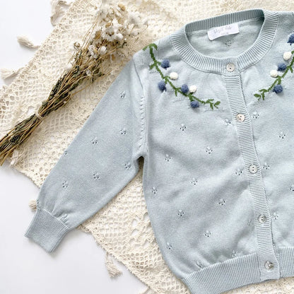 -キッズカーディガン ニットジャケット フラワー花柄刺繍 ピンク/ブルー/2カラー - mamahalo shop - カーディガン・パーカー -  べビー服 - 子供服 - 男の子 - 女の子