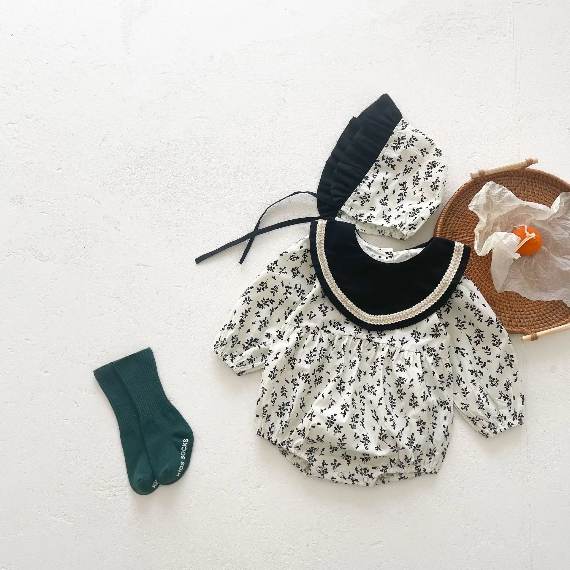 -ベビー フラワー 長袖 ロンパース ボンネット セット - mamahalo shop - 長袖ロンパース -  べビー服 - 子供服 - 男の子 - 女の子