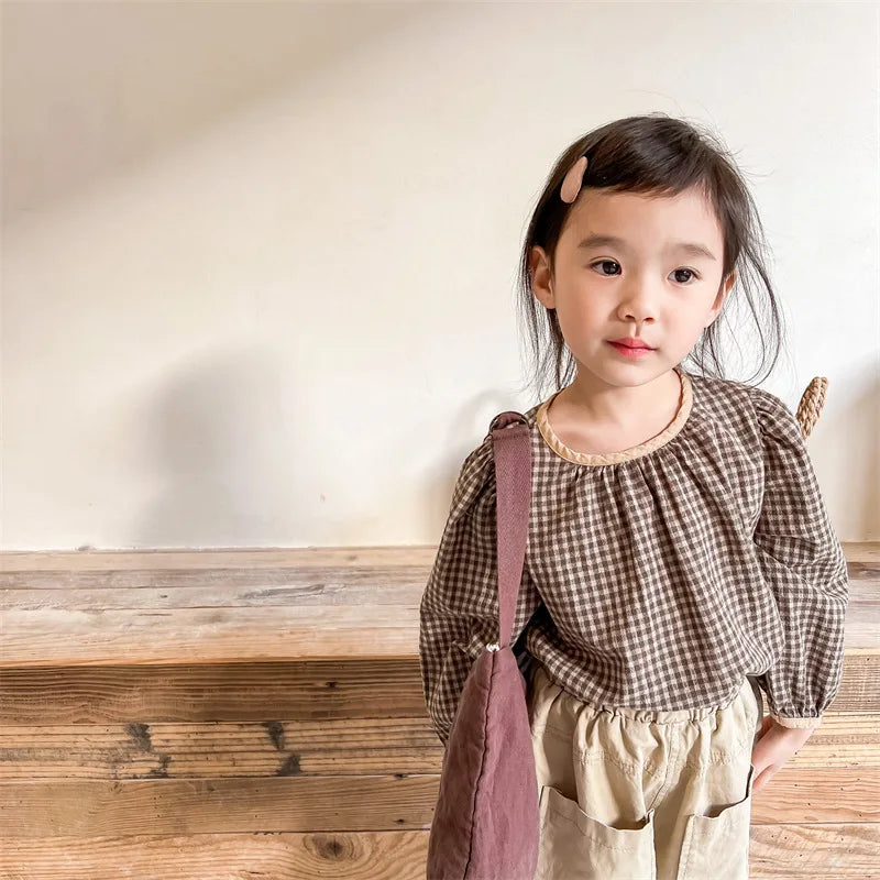 -キッズトップス 長袖パフスリーブTシャツ ブラウス チェック柄 レッド/コーヒー/2カラー - mamahalo shop - 長袖シャツ・ブラウス -  べビー服 - 子供服 - 男の子 - 女の子