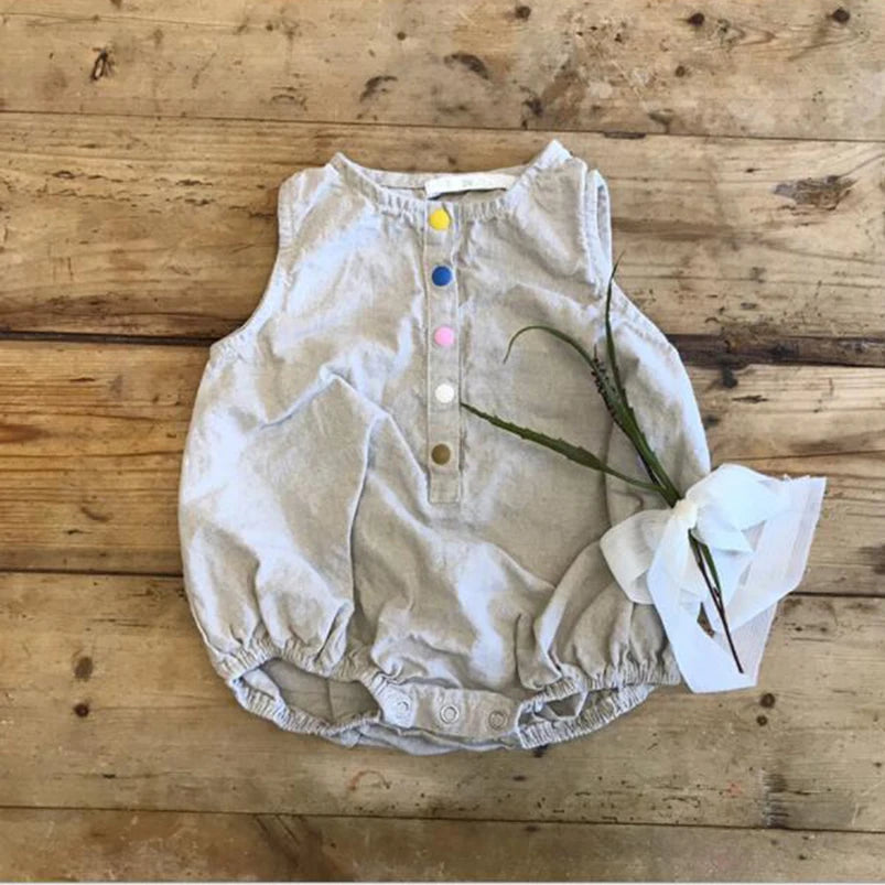 -☺︎ ベビーロンパース コットンリネン ノースリーブボディスーツ 2カラー - mamahalo shop - ノースリーブロンパース -  べビー服 - 子供服 - 男の子 - 女の子