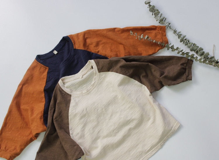 -キッズ パッチワーク ラグランスリーブ 長袖 Tシャツ バイカラー ロンT - mamahalo shop - 長袖Tシャツ -  べビー服 - 子供服 - 男の子 - 女の子