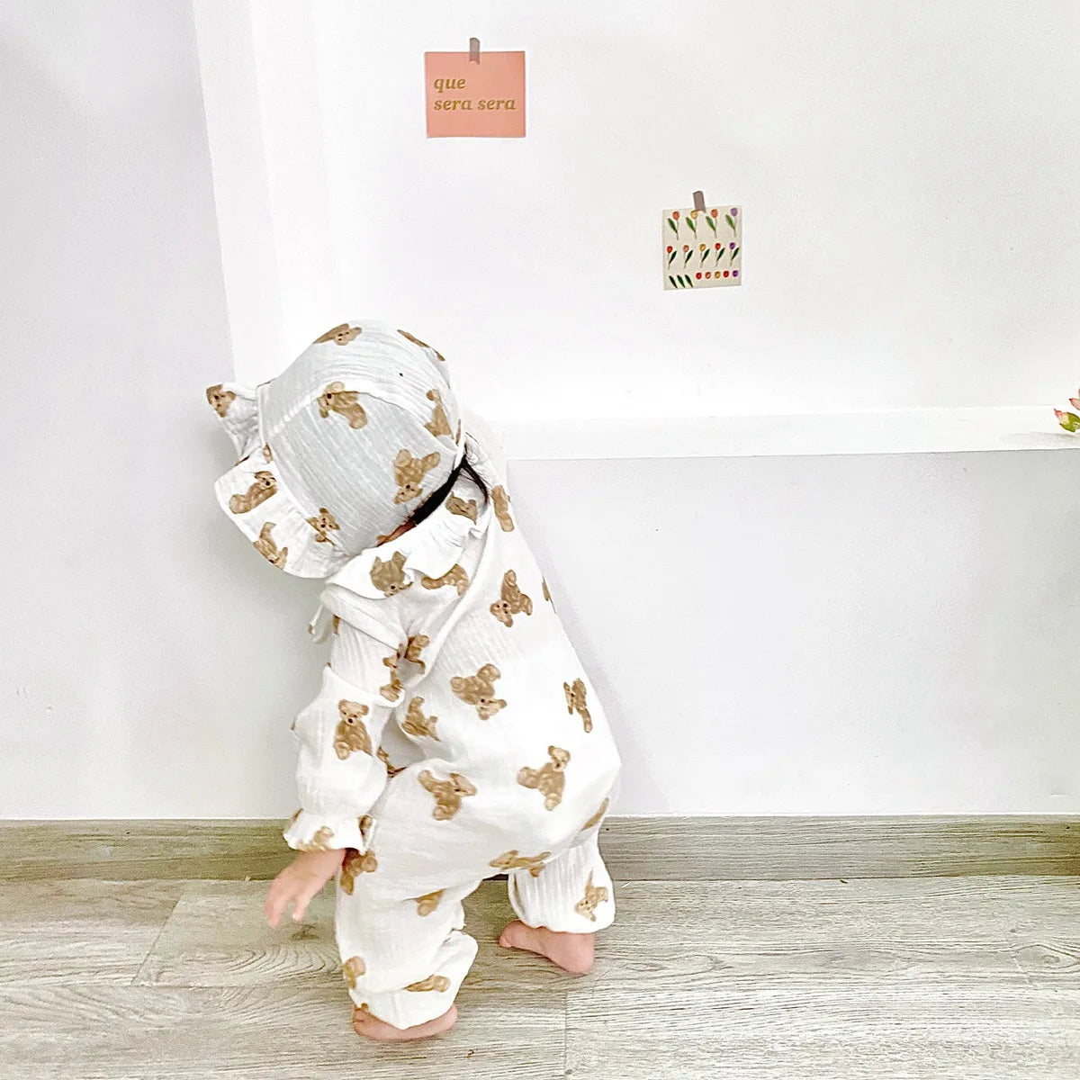 -ベビーロンパース 帽子セット 長袖ジャンプスーツ ベアくまプリント ベージュ【mh0006224】 - mamahalo shop - 長袖ロンパース -  べビー服 - 子供服 - 男の子 - 女の子