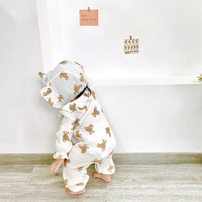 -ベビーロンパース 帽子セット 長袖ジャンプスーツ ベアくまプリント ベージュ【mh0006224】 - mamahalo shop - 長袖ロンパース -  べビー服 - 子供服 - 男の子 - 女の子