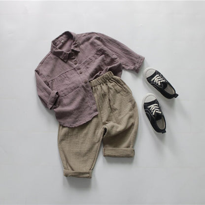 -キッズ服 長袖 シャツ トップス コットンリネン シンプル ベーシック 無地 ベージュ 紫 男の子 - mamahalo shop - 長袖シャツ・ブラウス -  べビー服 - 子供服 - 男の子 - 女の子