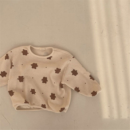 -【国内発送・送料無料】キッズセットアップ 2点セット 長袖トップス+ロングパンツ ワッフル ベアくまプリント ベージュ 90サイズ - mamahalo shop - 長袖セットアップ -  べビー服 - 子供服 - 男の子 - 女の子