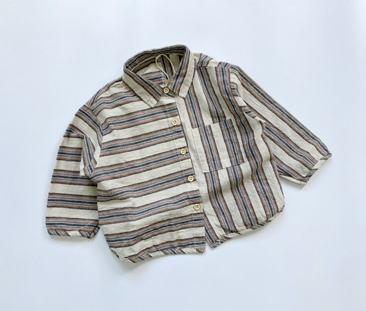 -キッズ パッチワーク ボーダー ストライプ 長袖 シャツ トップス - mamahalo shop - 長袖シャツ・ブラウス -  べビー服 - 子供服 - 男の子 - 女の子