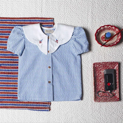 -キッズトップス 半袖パフスリーブブラウス レトロ チェック/フラワ花柄プリント【mh0005920】 - mamahalo shop - 半袖シャツ・ブラウス -  べビー服 - 子供服 - 男の子 - 女の子