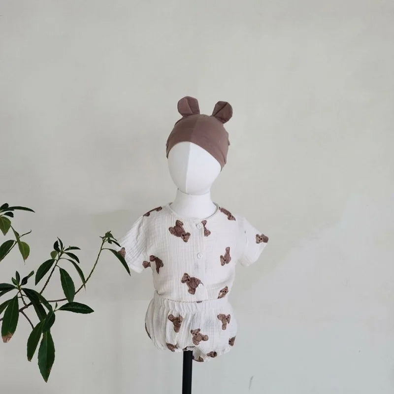 -ベビーセットアップ 2点セット 半袖シャツ+ブルマパンツ ベアくまプリント ベージュ【mh0000061】 - mamahalo shop - 半袖セットアップ -  べビー服 - 子供服 - 男の子 - 女の子