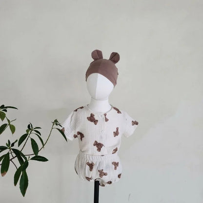-ベビーセットアップ 2点セット 半袖シャツ+ブルマパンツ ベアくまプリント ベージュ【mh0000061】 - mamahalo shop - 半袖セットアップ -  べビー服 - 子供服 - 男の子 - 女の子