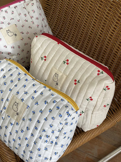 -フラワー さくらんぼ チェリー キルティング コスメ ポーチ オムツ バッグ ママ - mamahalo shop - おむつポーチ -  べビー服 - 子供服 - 男の子 - 女の子