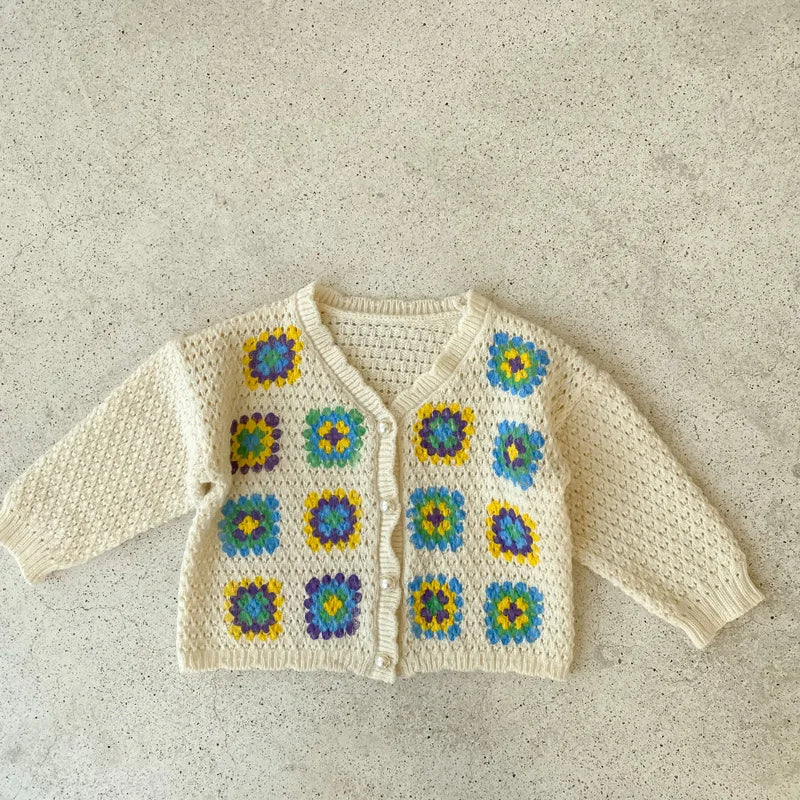 -キッズ ニット レトロ フラワー カーディガン【mh0000174】 - mamahalo shop - カーディガン・パーカー -  べビー服 - 子供服 - 男の子 - 女の子