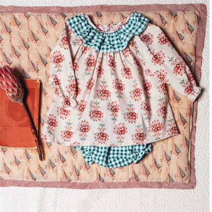 -キッズトップス 半袖パフスリーブブラウス レトロ チェック/フラワ花柄プリント【mh0005920】 - mamahalo shop - 半袖シャツ・ブラウス -  べビー服 - 子供服 - 男の子 - 女の子