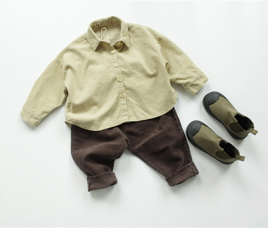 -キッズ コーデュロイ 長袖 ルーズ シャツ ベージュ ブラウン ボーイズ - mamahalo shop - 長袖シャツ・ブラウス -  べビー服 - 子供服 - 男の子 - 女の子