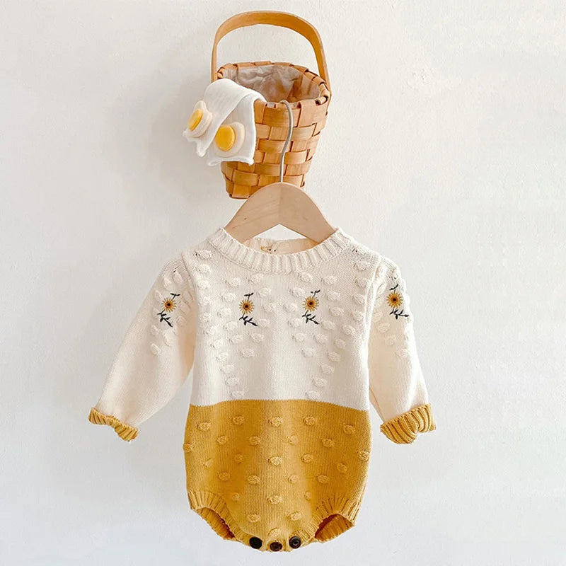 -ベビーロンパース ニット 長袖ボディスーツ ひまわりサンフラワー刺繍【mh0006231】 - mamahalo shop - 長袖ロンパース -  べビー服 - 子供服 - 男の子 - 女の子