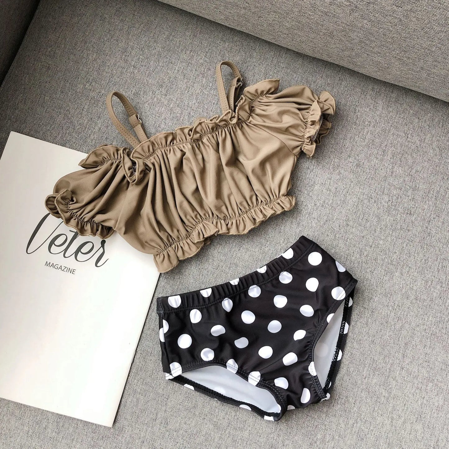 -キッズ水着 帽子セット セパレート ビキニ タンキニ オフショルダー レトロ 水玉ドット フラワー花柄 ガールズ スイムウェア【mh0005135】 - mamahalo shop - ベビー用水着 -  べビー服 - 子供服 - 男の子 - 女の子