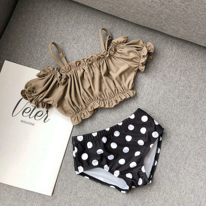 -キッズ水着 帽子セット セパレート ビキニ タンキニ オフショルダー レトロ 水玉ドット フラワー花柄 ガールズ スイムウェア【mh0005135】 - mamahalo shop - ベビー用水着 -  べビー服 - 子供服 - 男の子 - 女の子