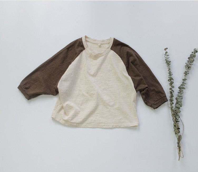 -キッズ パッチワーク ラグランスリーブ 長袖 Tシャツ バイカラー ロンT - mamahalo shop - 長袖Tシャツ -  べビー服 - 子供服 - 男の子 - 女の子