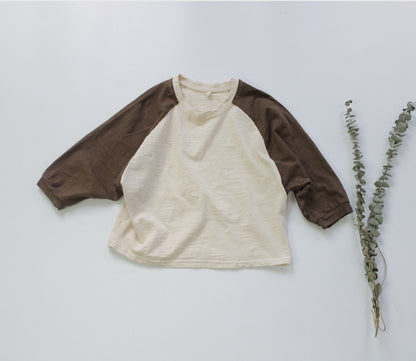 -キッズ パッチワーク ラグランスリーブ 長袖 Tシャツ バイカラー ロンT - mamahalo shop - 長袖Tシャツ -  べビー服 - 子供服 - 男の子 - 女の子