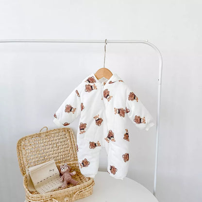 -ベビーアウタージャンプスーツ ベアくまプリント 耳付きフーディ長袖ロンパース 防寒 - mamahalo shop - アウタージャンプスーツ -  べビー服 - 子供服 - 男の子 - 女の子