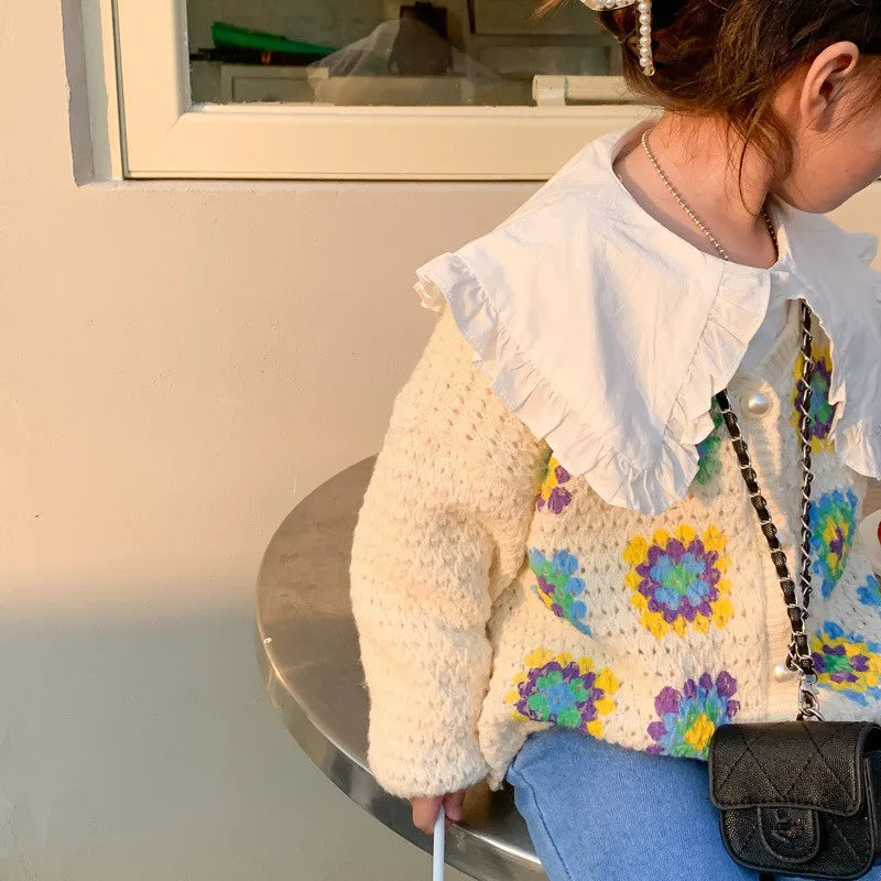 -キッズ ニット レトロ フラワー カーディガン【mh0000174】 - mamahalo shop - カーディガン・パーカー -  べビー服 - 子供服 - 男の子 - 女の子