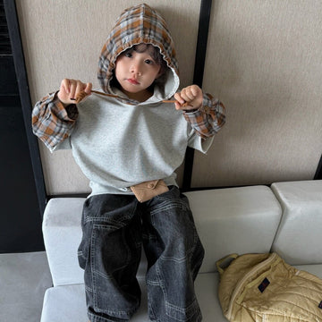 Sudadera con capucha y estampado de cuadros para niños y jóvenes, con pantalones vaqueros estilo vintage [mh0014439]