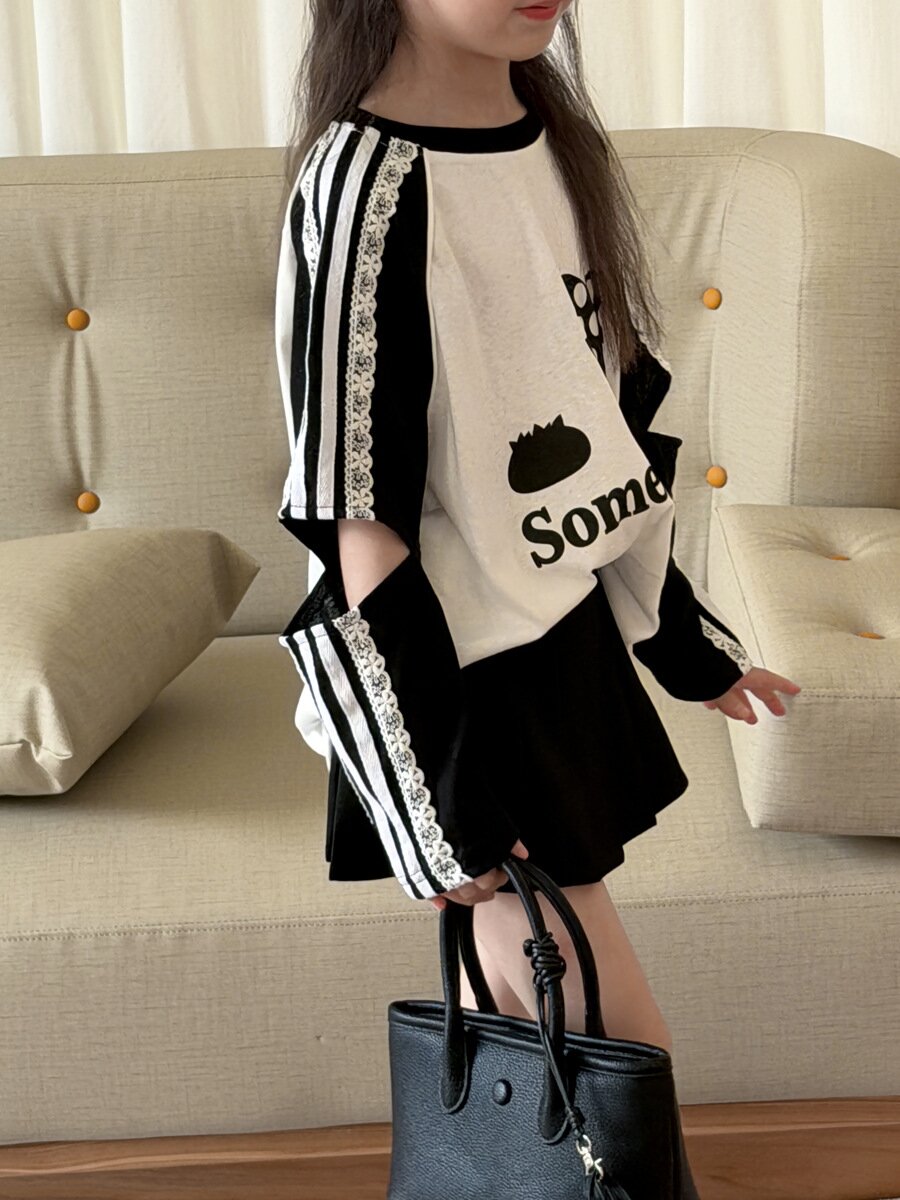 キッズ ジュニア ハート 英字 プリント レース リボン スリット 長袖 Tシャツ【mh0014466】